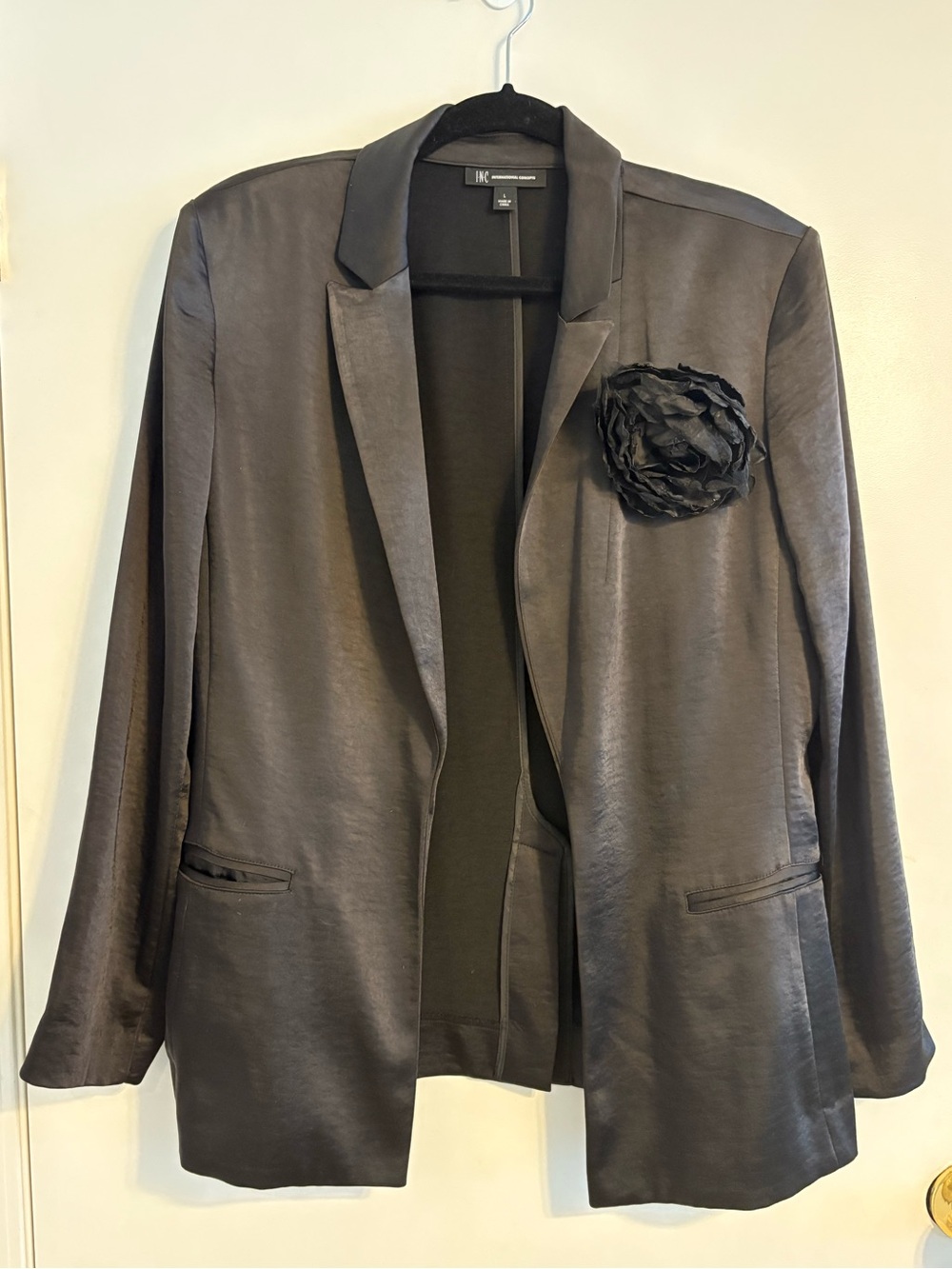 INC International Concepts Black Satin Open-Front Blazer with Flower Accent